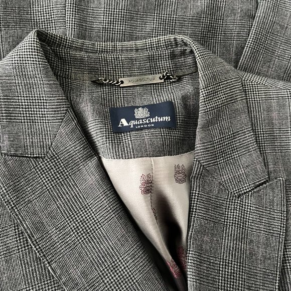 Aquascutum London One Button Closure Gray Check 100% Wool Blazer Women Size 14 - Picture 1 of 10